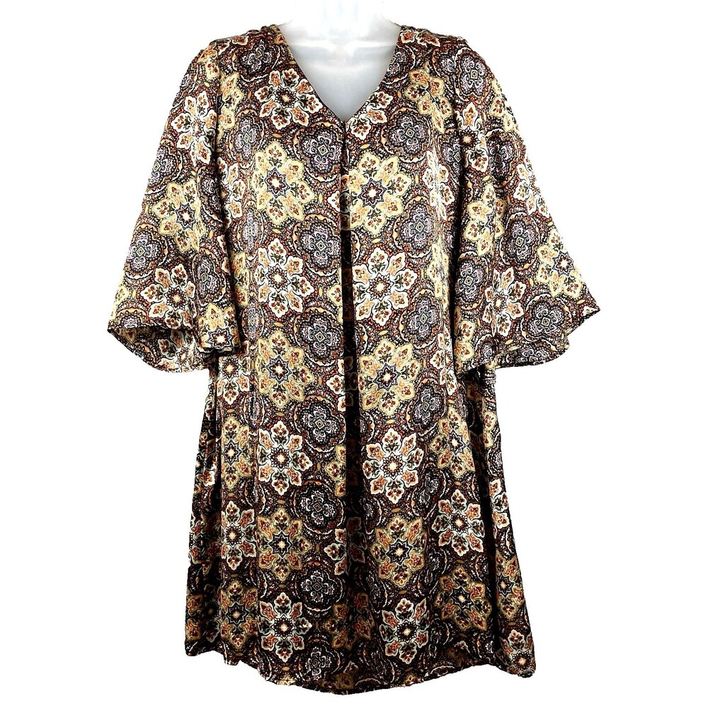 Bobeau Boho Floral Shift Dress Womens L Lagenlook Satin Fairy Bell Sleeve